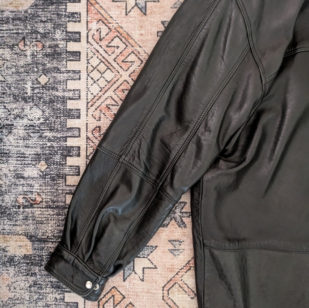 90s Grunge Oversized Style Black Leather Jacket Coat Large Mens Size 38 - Picture 7 of 11